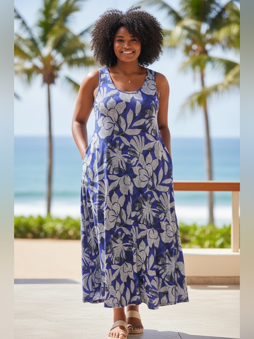 Chico’s Travelers Blue Tropical Print Sleeveless Maxi Dress with Pockets Size 4